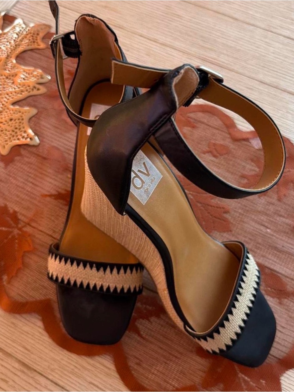 Dolce Vita Black and Cream Chevron-Strap Wedge Sandals